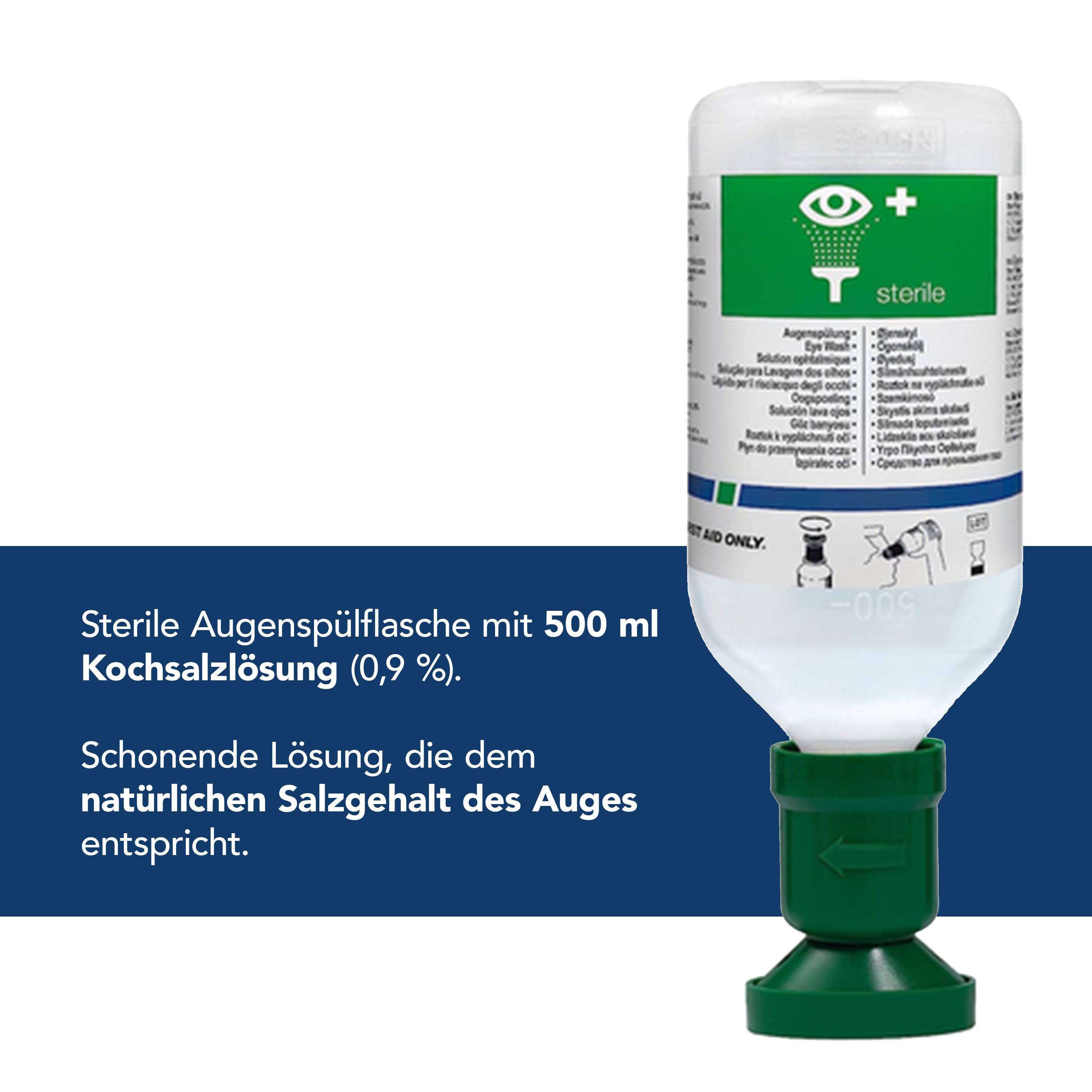 Augenspülflasche mit 500 ml Kochsalzlösung (0,9%). Sterile Ausführung. Grüne Basis, weißer Behälter. Text und Piktogramme.