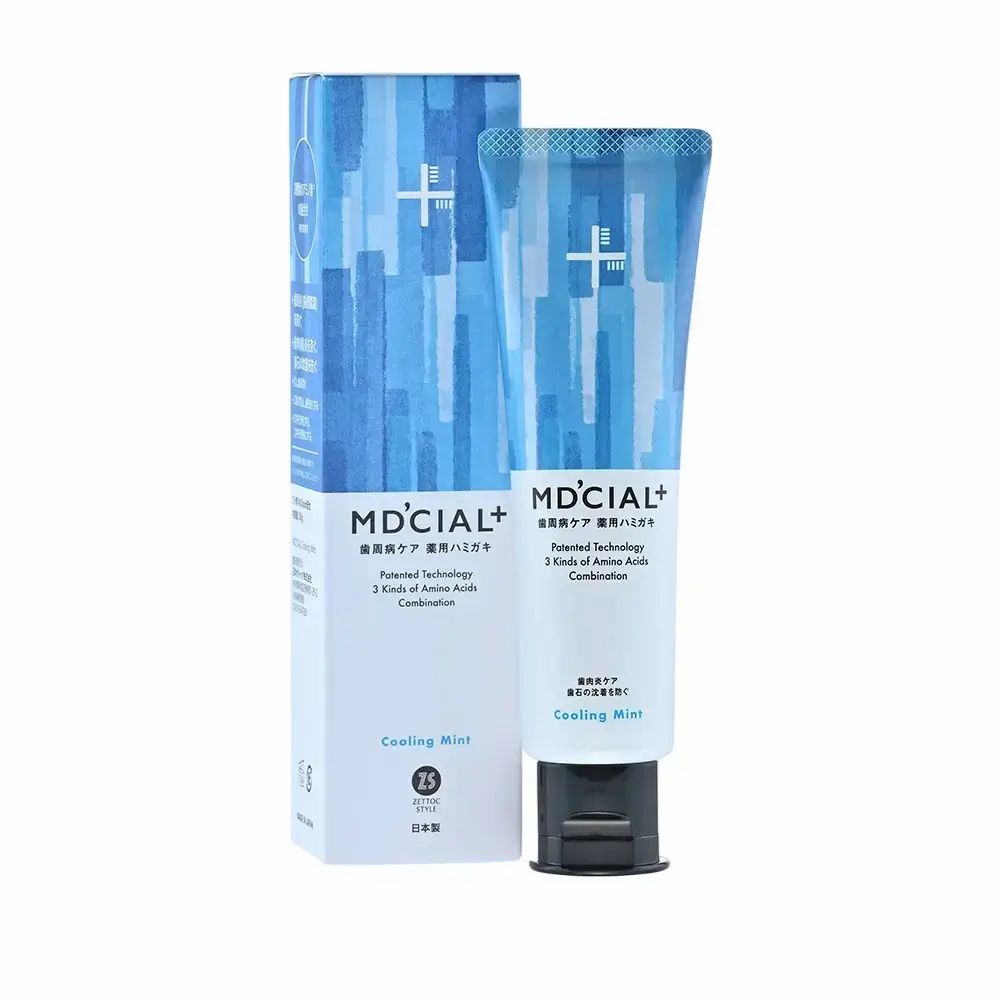 Zahncreme-Tube und Schachtel. Tube blau mit weißem Schriftzug MD'CIAL+. Schachtel blau-weiß.