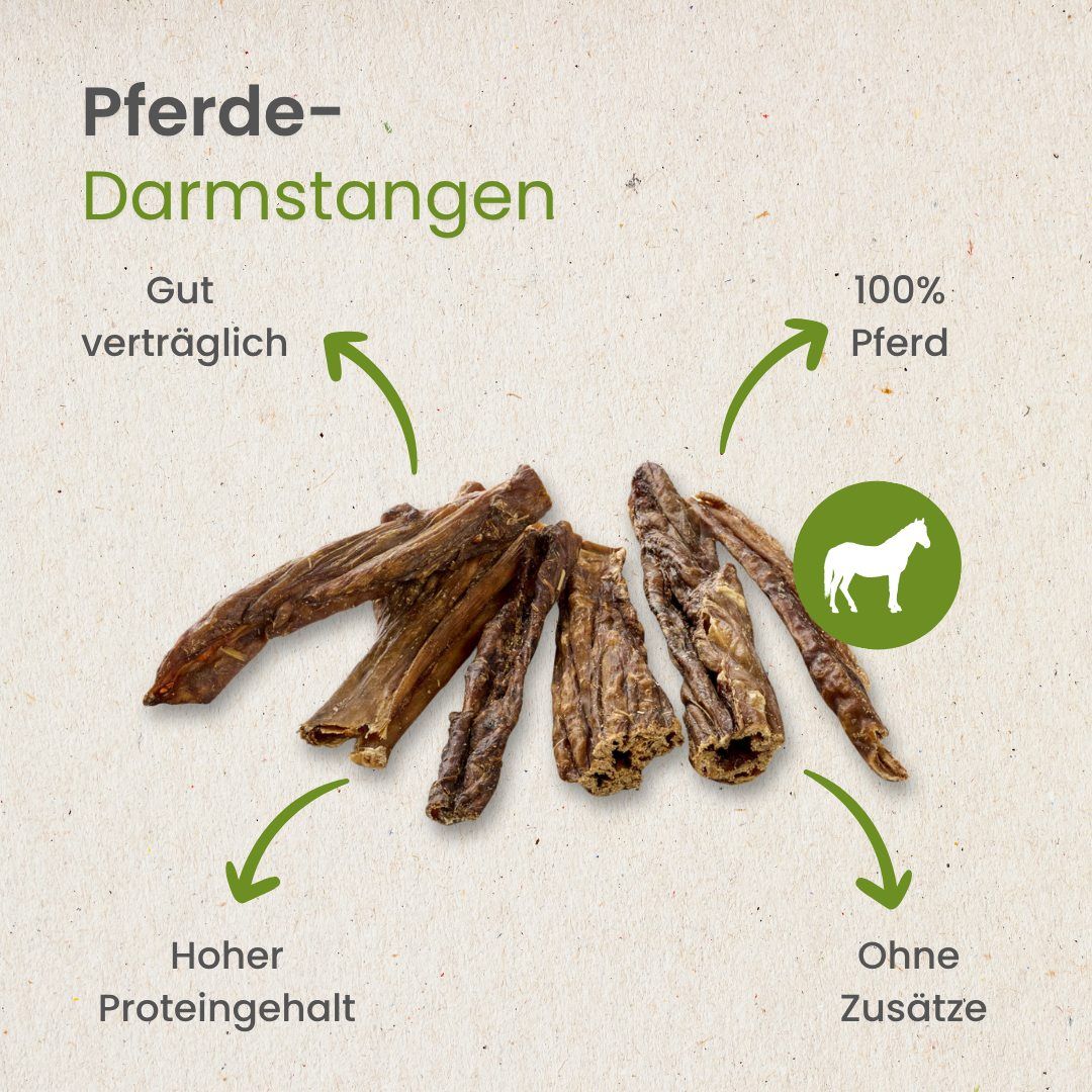 Getrocknete Pferde-Darmstangen, 100% Pferd, gut verträglich, hoher Proteingehalt, ohne Zusätze.