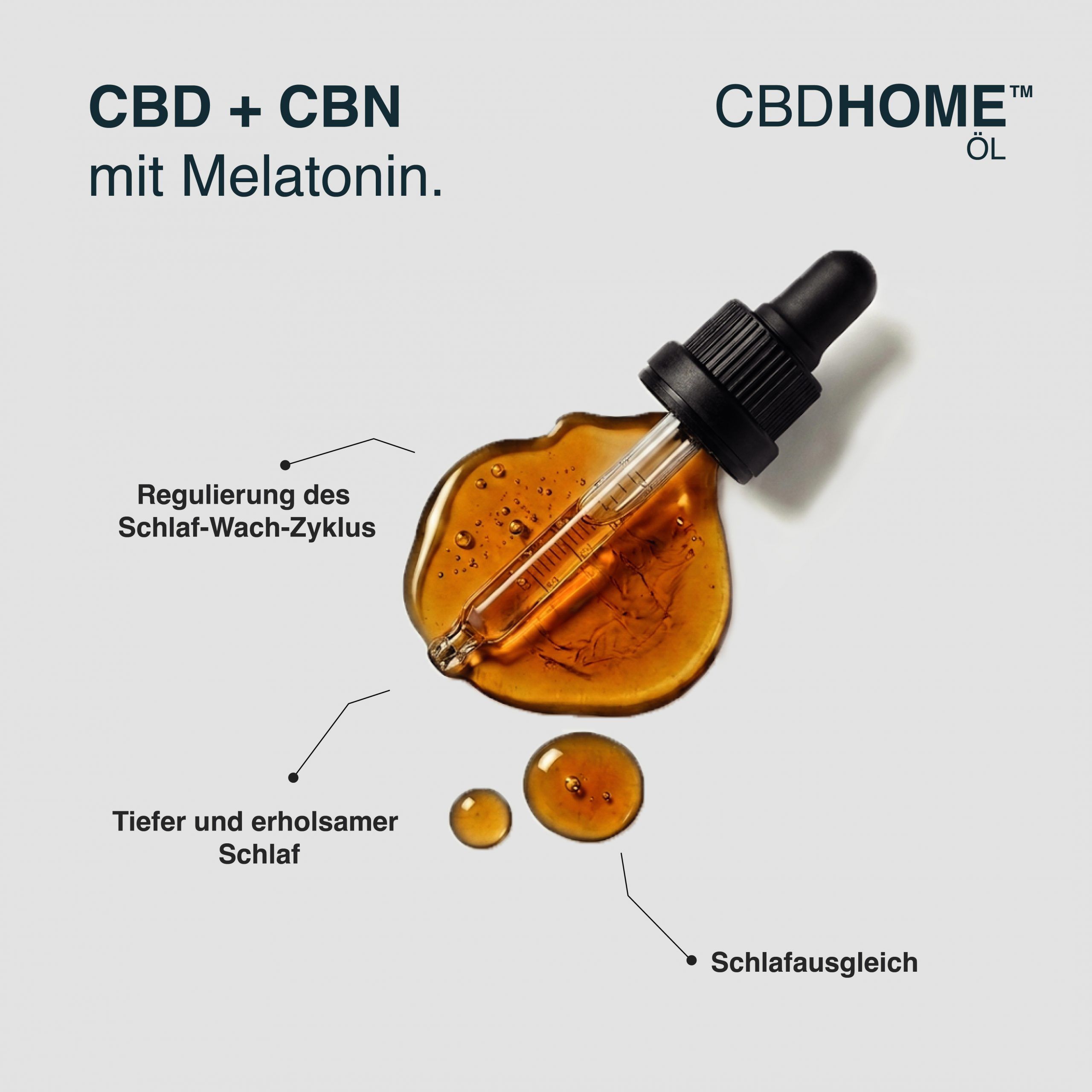 CBD HOME Öl mit Pipette in einem goldenen Tropfen. Beschriftung: CBD + CBN mit Melatonin.
