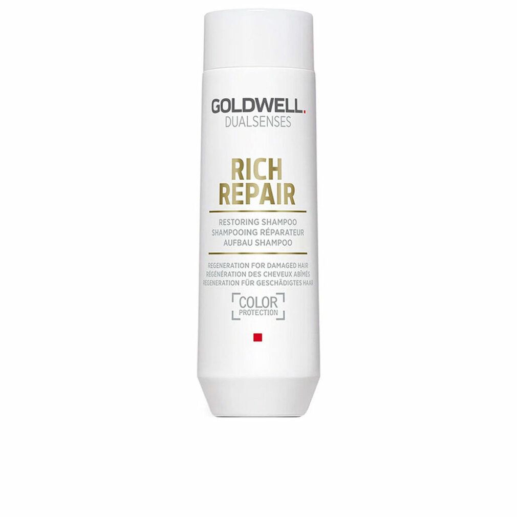 Weiße Flasche Goldwell Rich Repair Shampoo. Aufschrift: Rich Repair, Restoring Shampoo.
