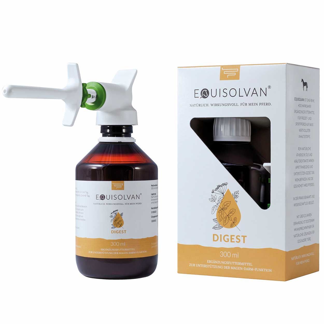 Braune Flasche mit Sprühaufsatz und Karton. Aufschrift Equisolvan Digest. 300 ml.
