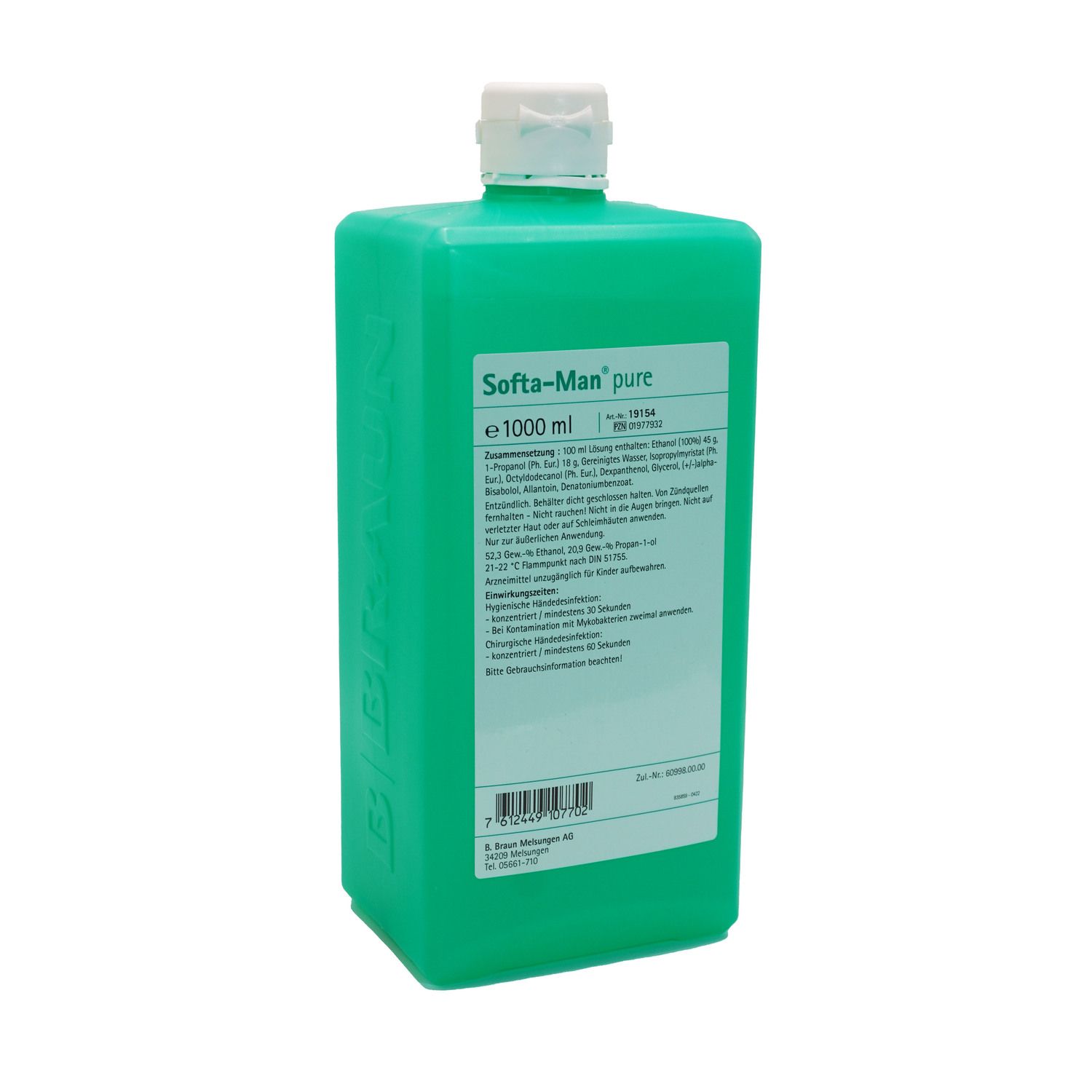 Grüne Flasche mit weißem Verschluss. Beschriftung: Softa-Man pure, 1000 ml. Barcode und weitere Produktinformationen.