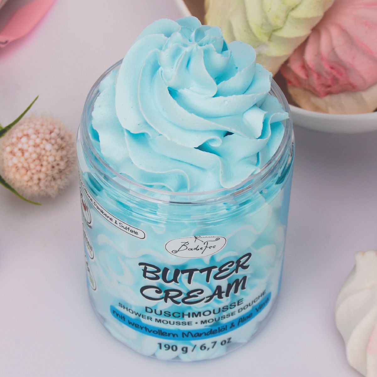 BadeFee Duschmousse Duschschaum Duschgel Balsam Pflege Butter Cream Vegan