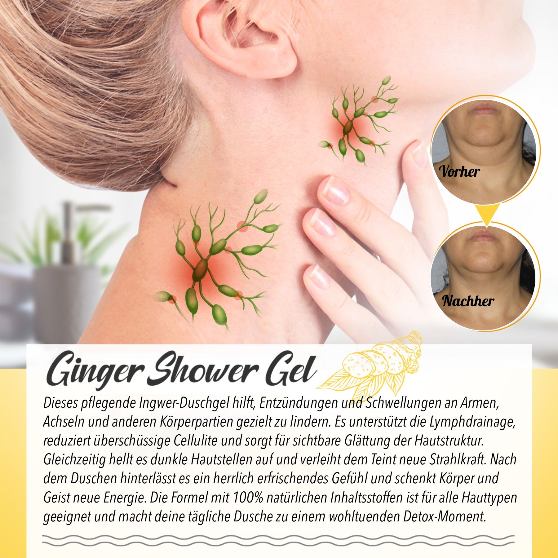 Vorher-Nachher-Vergleich: Halsbereich. Text: "Ginger Shower Gel". Hilft bei Entzündungen und Schwellungen. 100% natürliche Inhaltsstoffe.