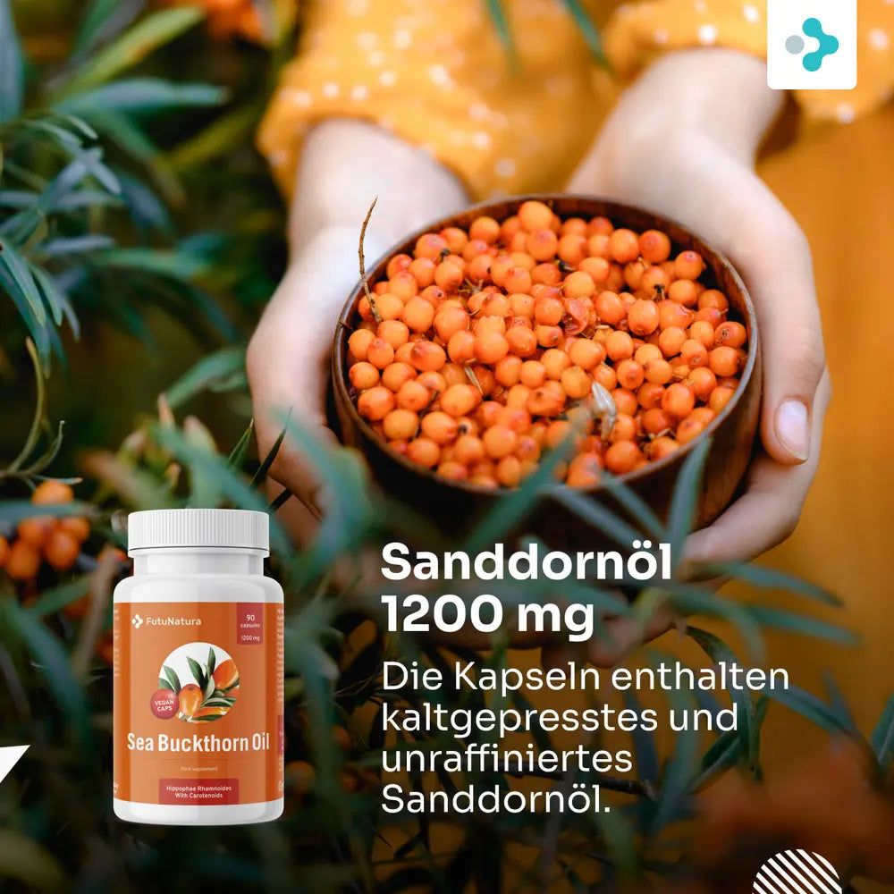 Person hält Schale mit Sanddornbeeren und Flasche Sanddornöl 1200 mg. Text: Die Kapseln enthalten kaltgepresstes und unraffiniertes Sanddornöl.