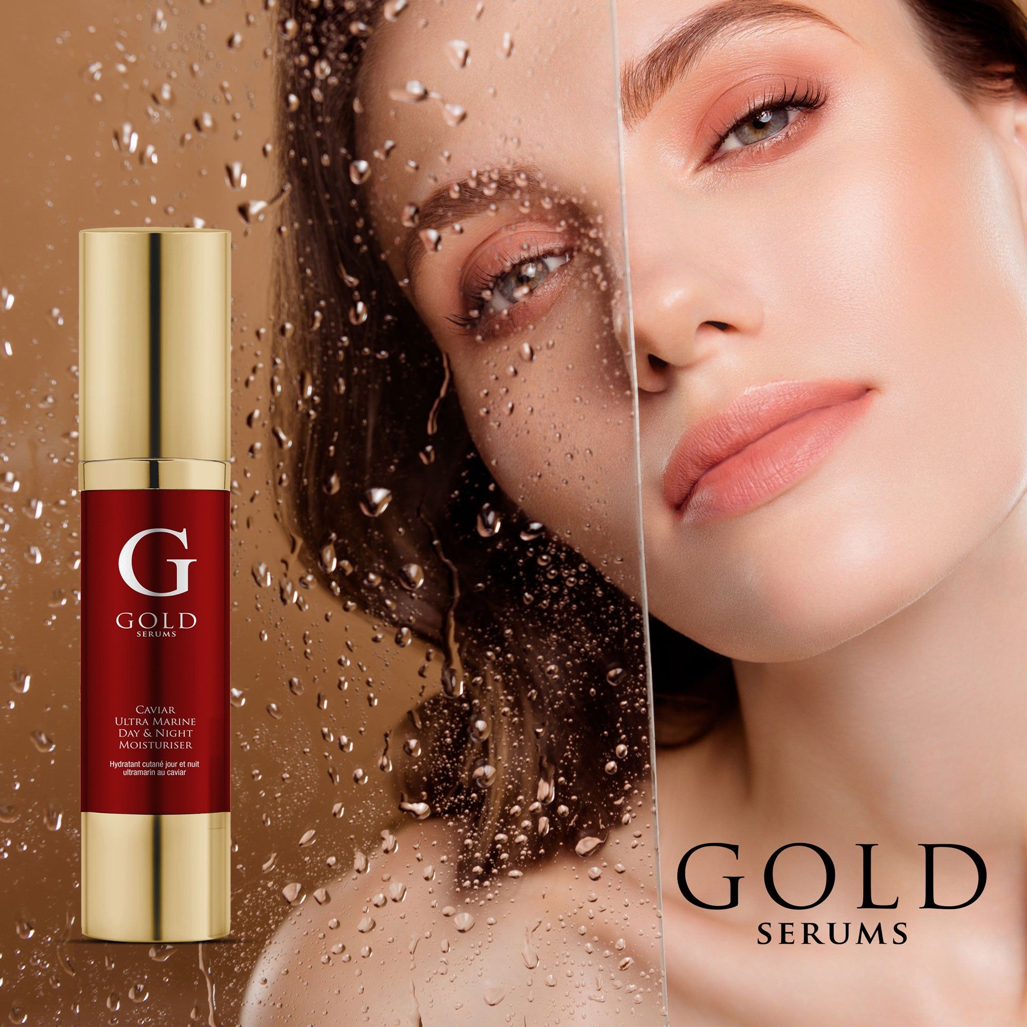 Gold Serums Caviar Ultra Marine Tages- und Nachtfeuchtigkeitspflege. Flasche vor einem Gesicht. Goldene und rote Flasche.