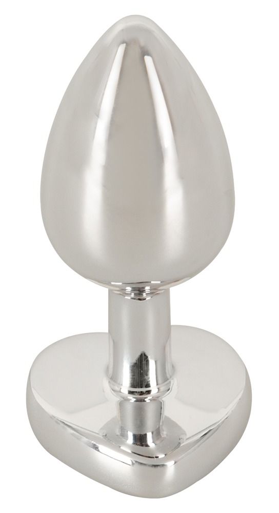 Analplug aus Metall. Tropfenförmiger Kopf, herzförmige Basis. Silberfarben, glänzend.