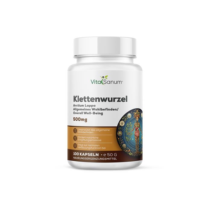 Weiße Flasche mit Kapseln. Aufschrift: VitaSanum, Klettenwurzel, 500mg. Etikett mit Produktinformationen und Logo.
