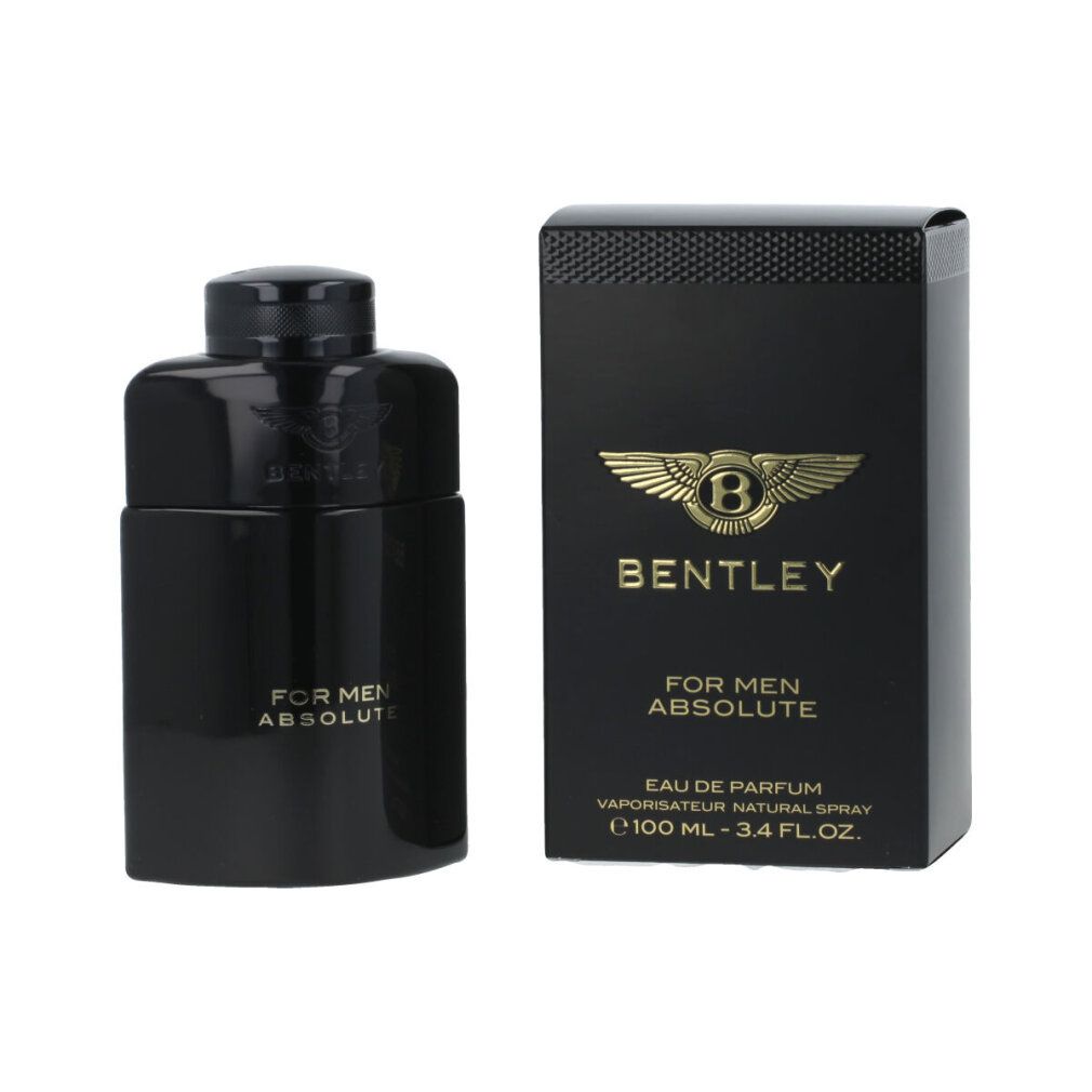 Schwarze Flasche und Karton. Bentley For Men Absolute Eau de Parfum Spray. Goldfarbenes Logo und Schriftzug auf dem Karton.