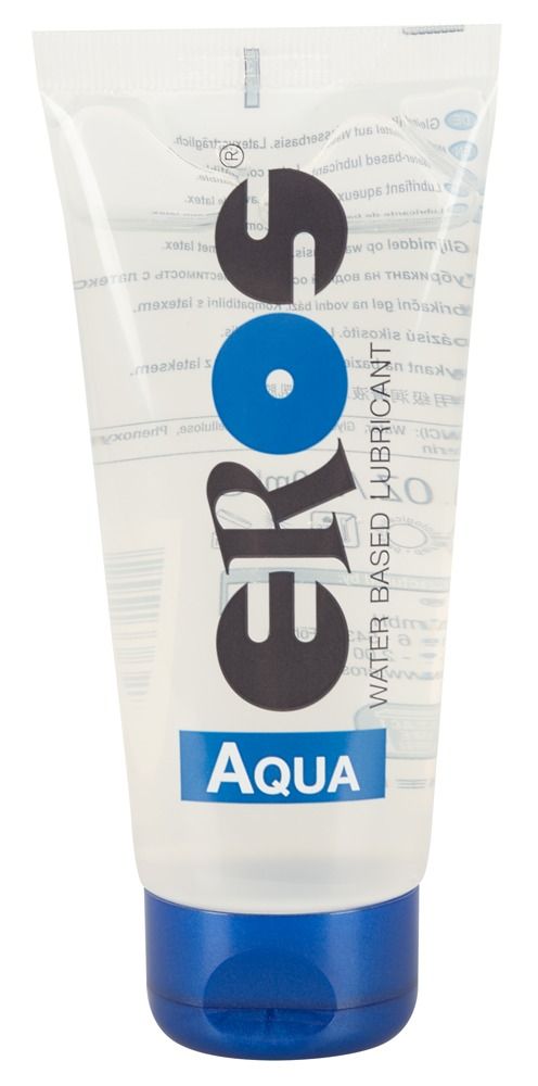 Tube mit transparentem Gel und blauem Verschluss. Aufschrift: EROS Aqua, Water Based Lubricant.