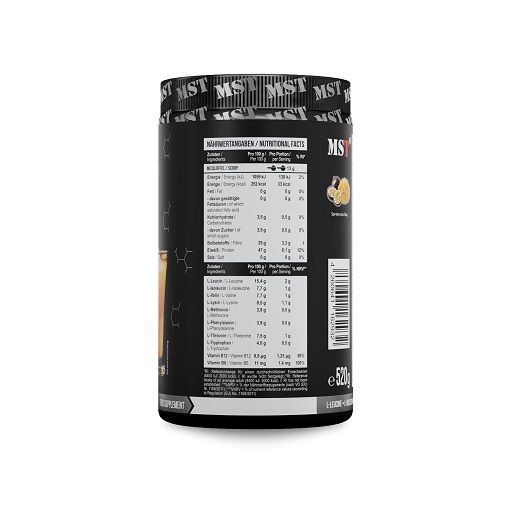 Rückseite einer schwarzen Dose MST EAA BCAA. Nährwertangaben. E520. Zitronen-Illustration.