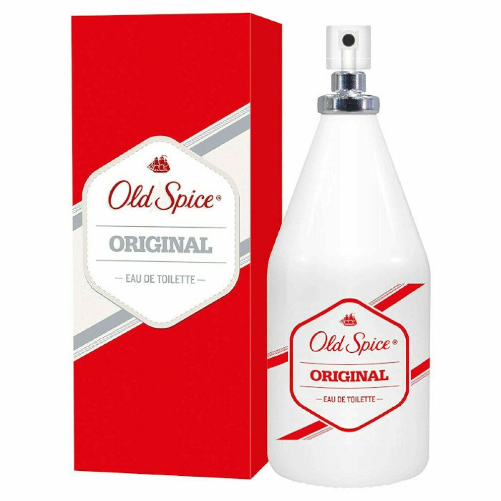 Weißes Eau de Toilette mit roter Verpackung. Aufschrift: Old Spice Original Eau de Toilette.