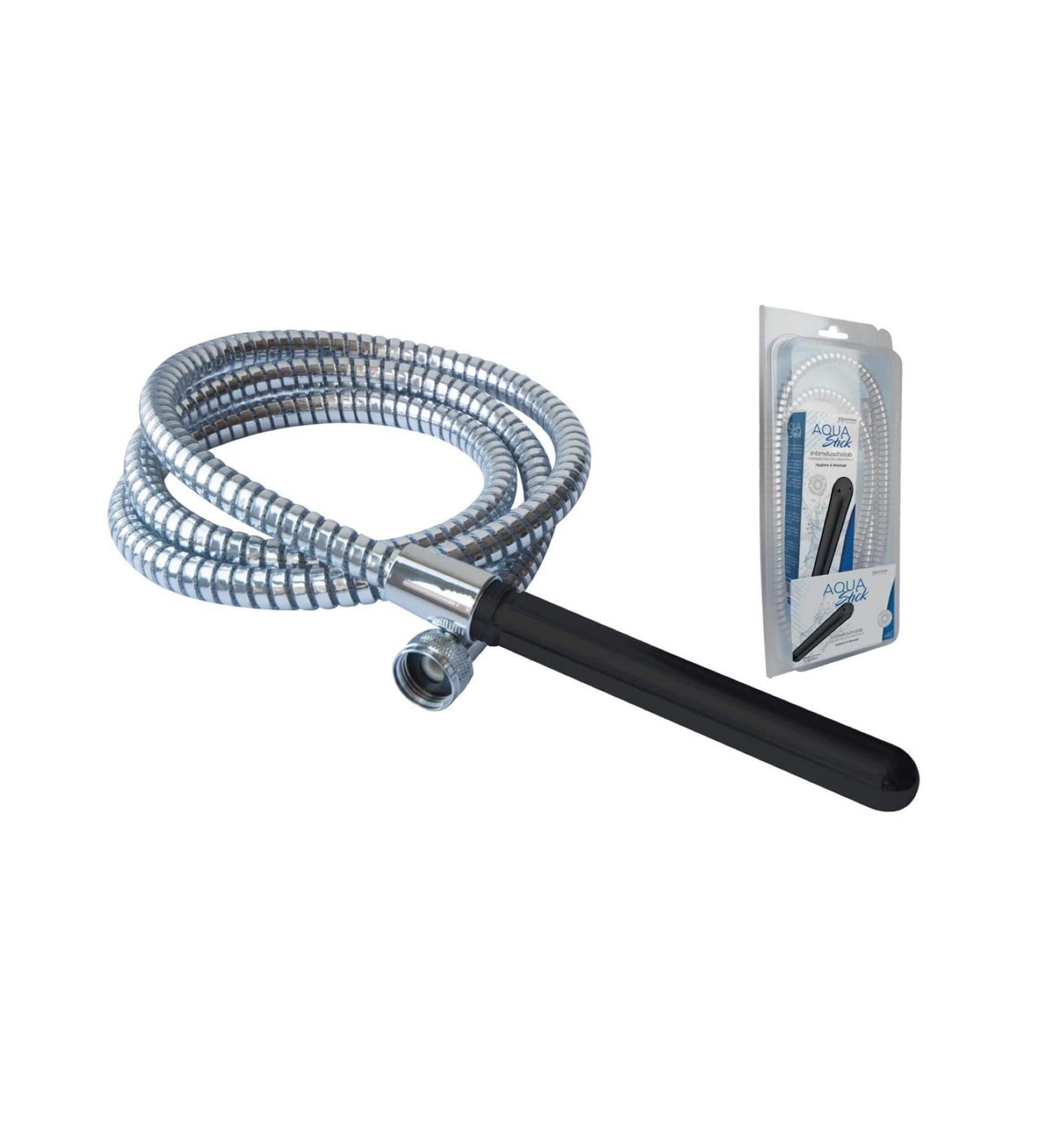 Intimduschstab schwarz mit Schlauch. Metallschlauch, schwarzer Griff, in Blisterverpackung.