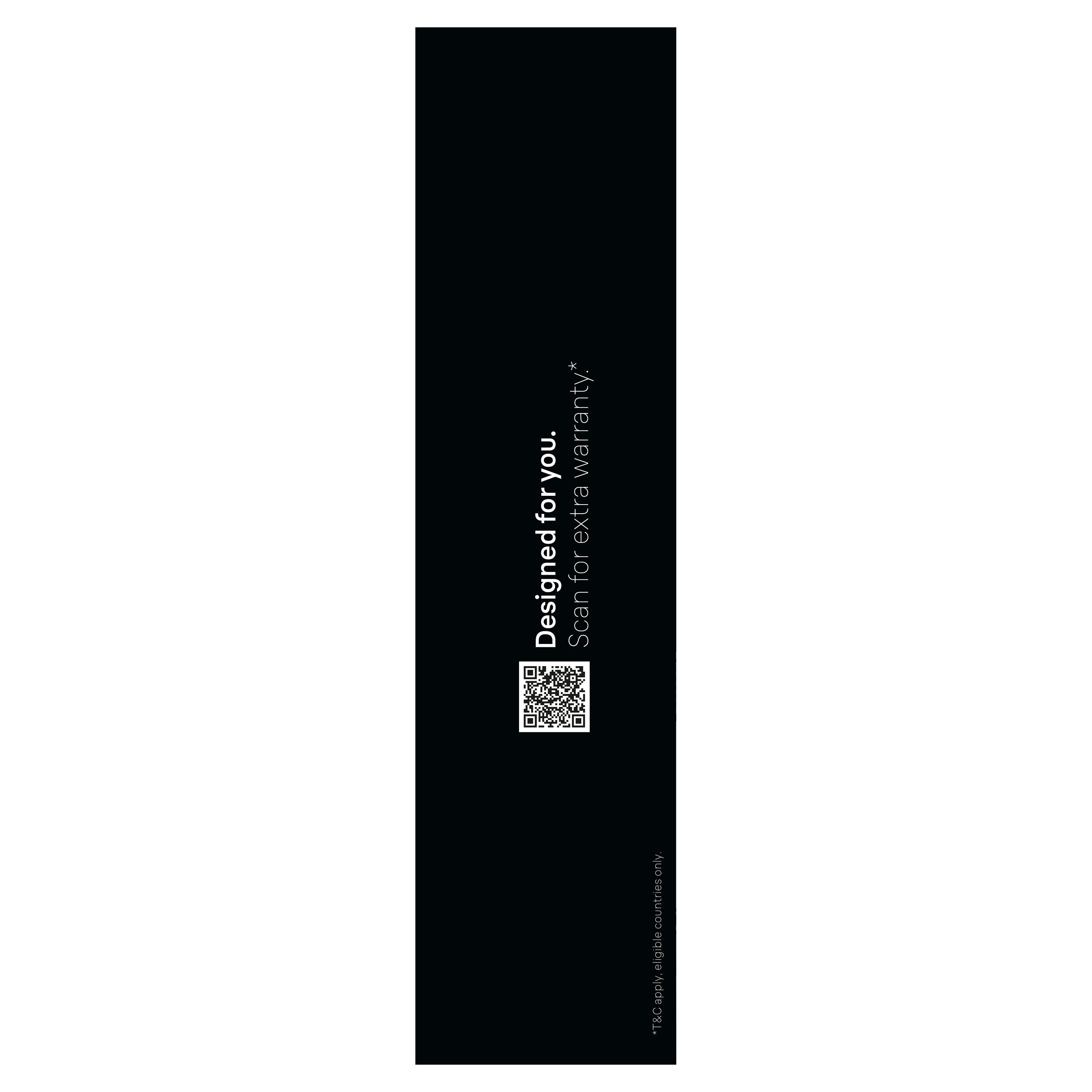 Schwarzer Hintergrund mit Text: Designed for you. Scan for extra warranty.