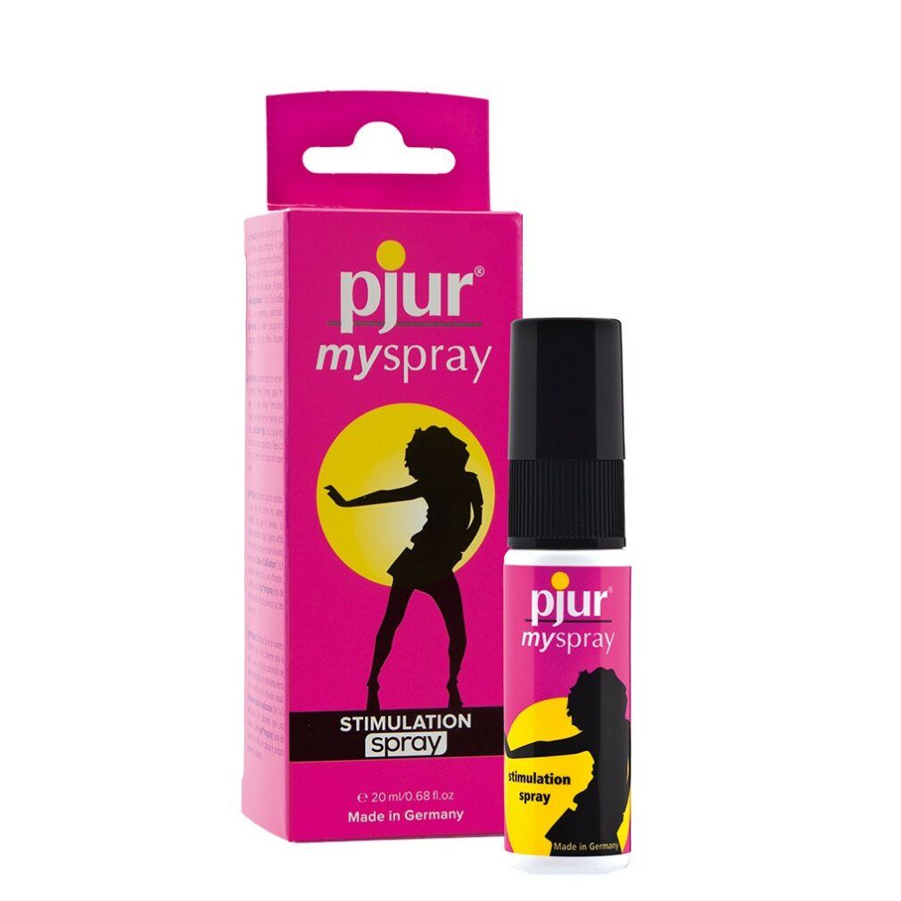 Rosa Schachtel und Flasche. Logo pjur, Schriftzug myspray, Illustration Frau. Text: Stimulation Spray. Flasche mit schwarzem Sprühkopf.