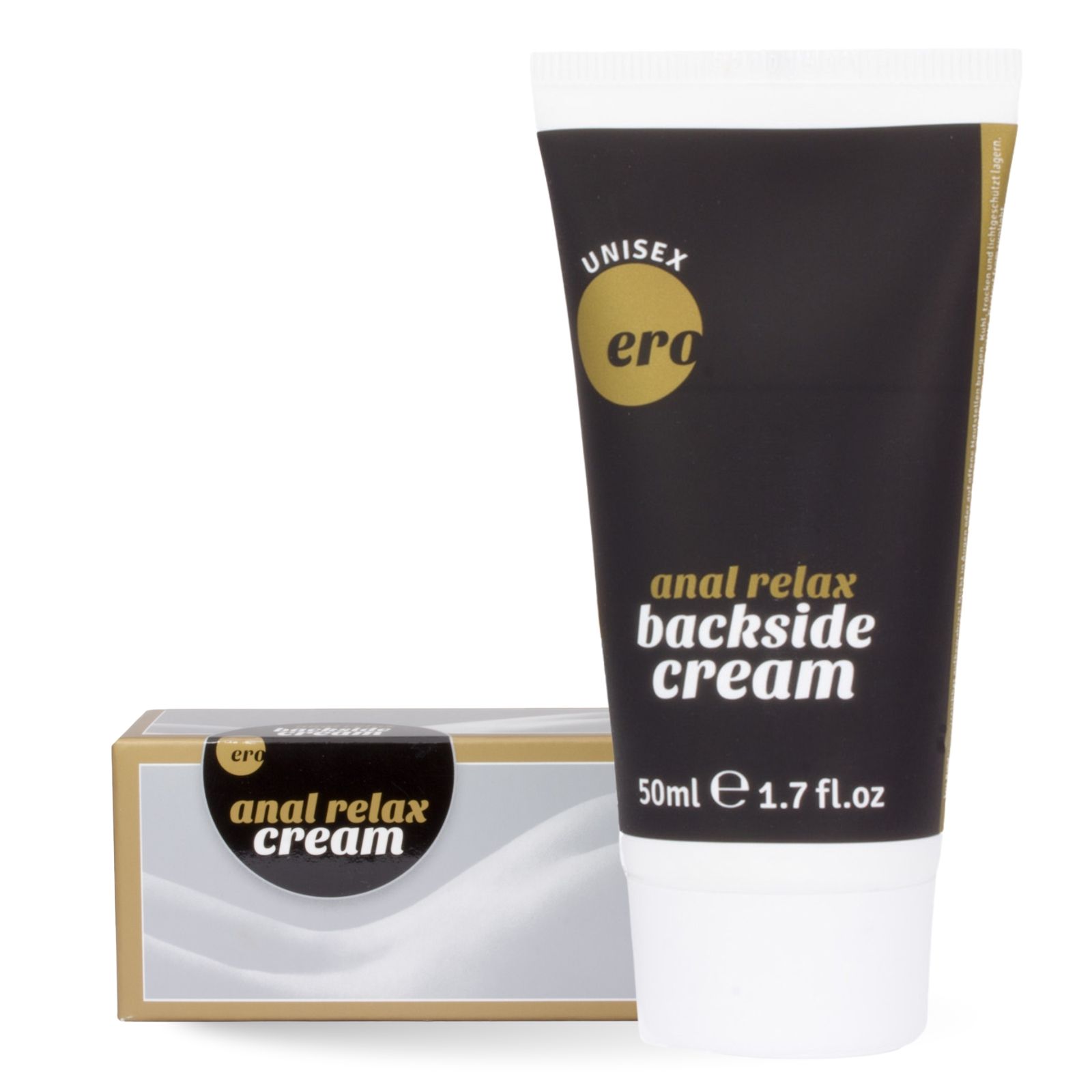 Creme-Tube und Schachtel. Aufschrift: "Ero", "anal relax backside cream". Schwarzer Tube, goldfarbene Schrift.