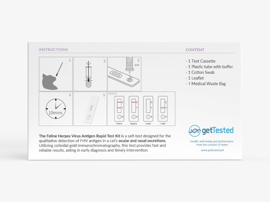 Verpackung mit Anweisungen und Inhaltsangabe. Enthält Testkassette, Röhrchen, Wattestäbchen, Beipackzettel und medizinischen Abfallbeutel.