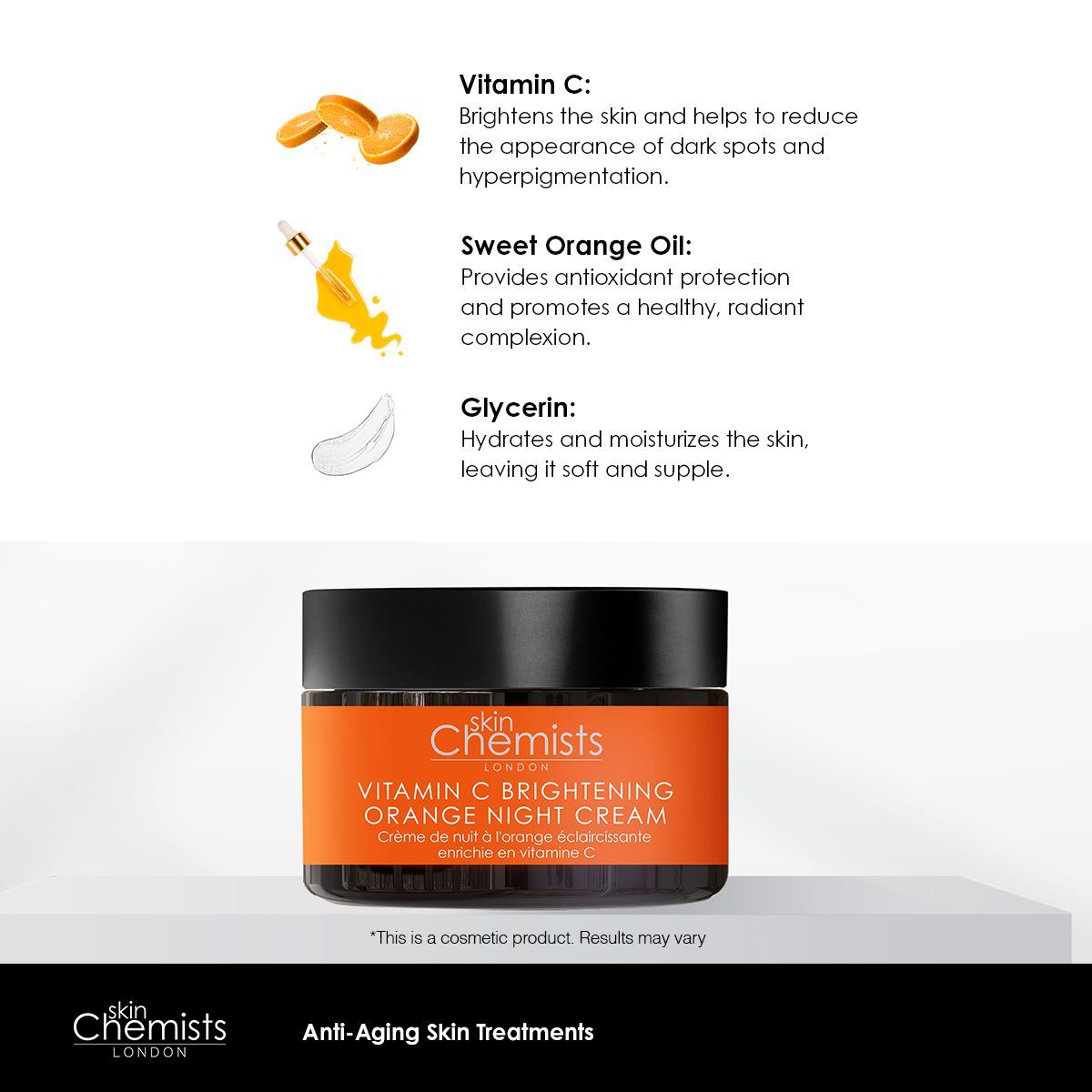 Produkt mit Inhaltsstoff-Illustrationen. Dose mit orangefarbenem Etikett. Text: Vitamin C, Sweet Orange Oil, Glycerin.