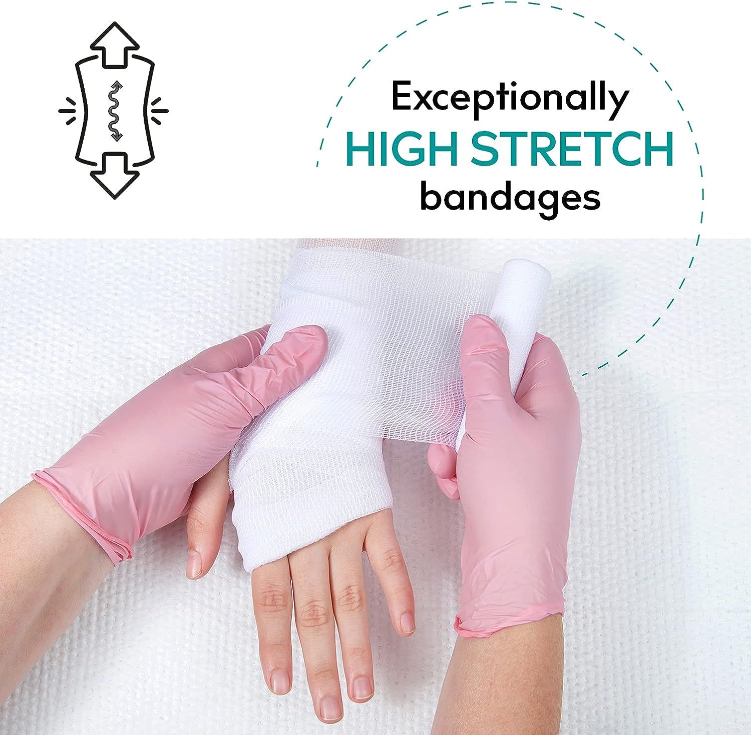 Persona che avvolge il polso con una benda elastica bianca. Guanti rosa. Testo: 'Exceptionally HIGH STRETCH bandages'.