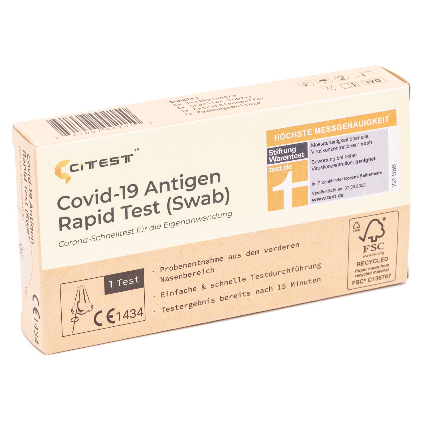 Verpackung eines Citest Covid-19 Antigen Schnelltests. Aufschrift: Covid-19 Antigen Rapid Test (Swab). Stiftung Warentest Siegel. FSC-Recycling-Logo.