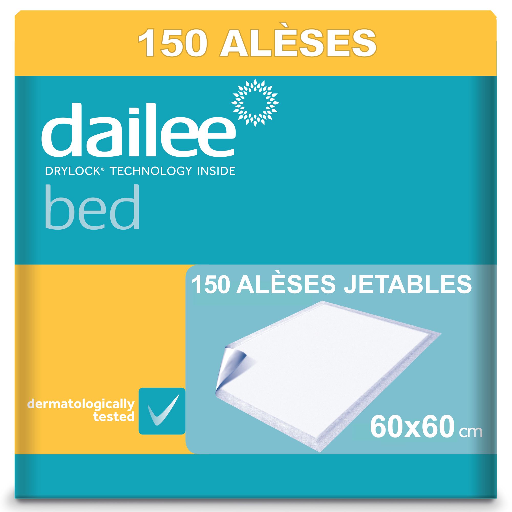 Paquet de protections de lit Dailee Bed. 150 unités, 60x60cm. Testé dermatologiquement. Bleu, jaune et blanc.