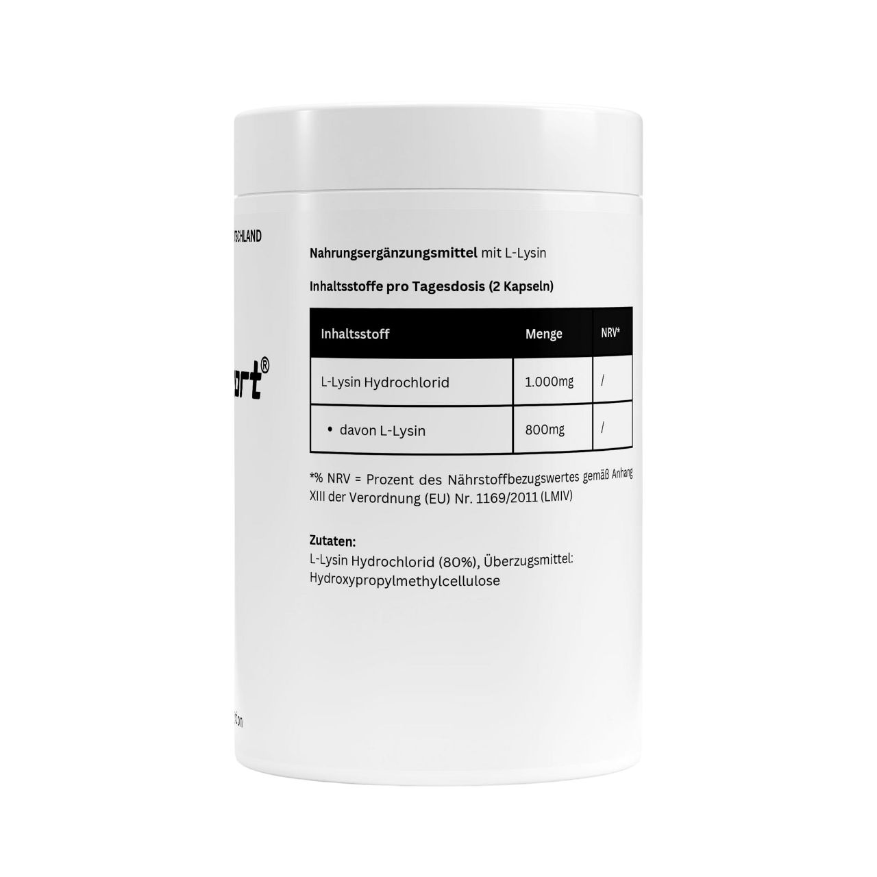 Rückseite des weißen Behälters. Enthält Nährwertangaben für L-Lysin. Zutatenliste: L-Lysin Hydrochlorid, Überzugsmittel, Hydroxypropylmethylcellulose.