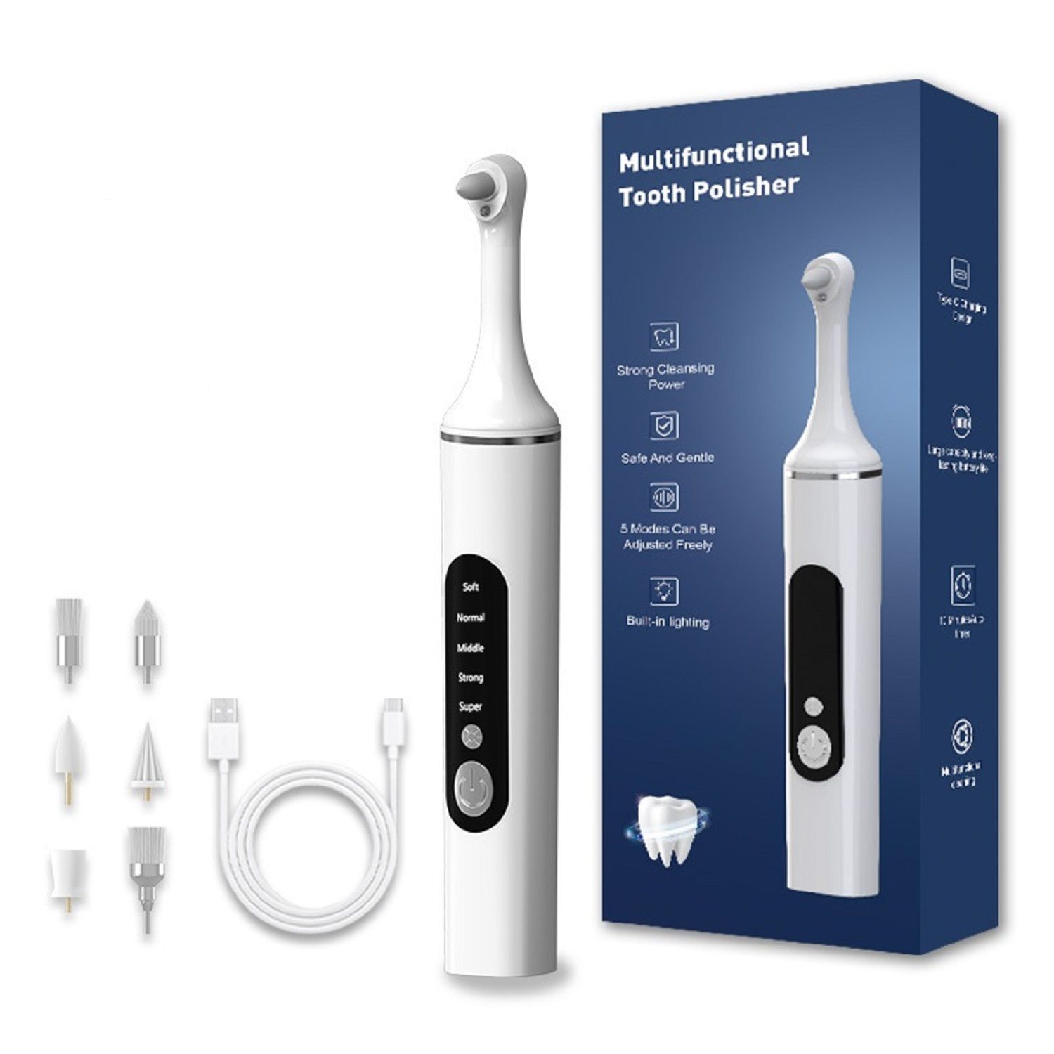 Zahnpolierer Set mit Verpackung. Enthält Polierer, Aufsätze, USB-Kabel. Text: Multifunktionaler Zahnpolierer. 5 Modi einstellbar.