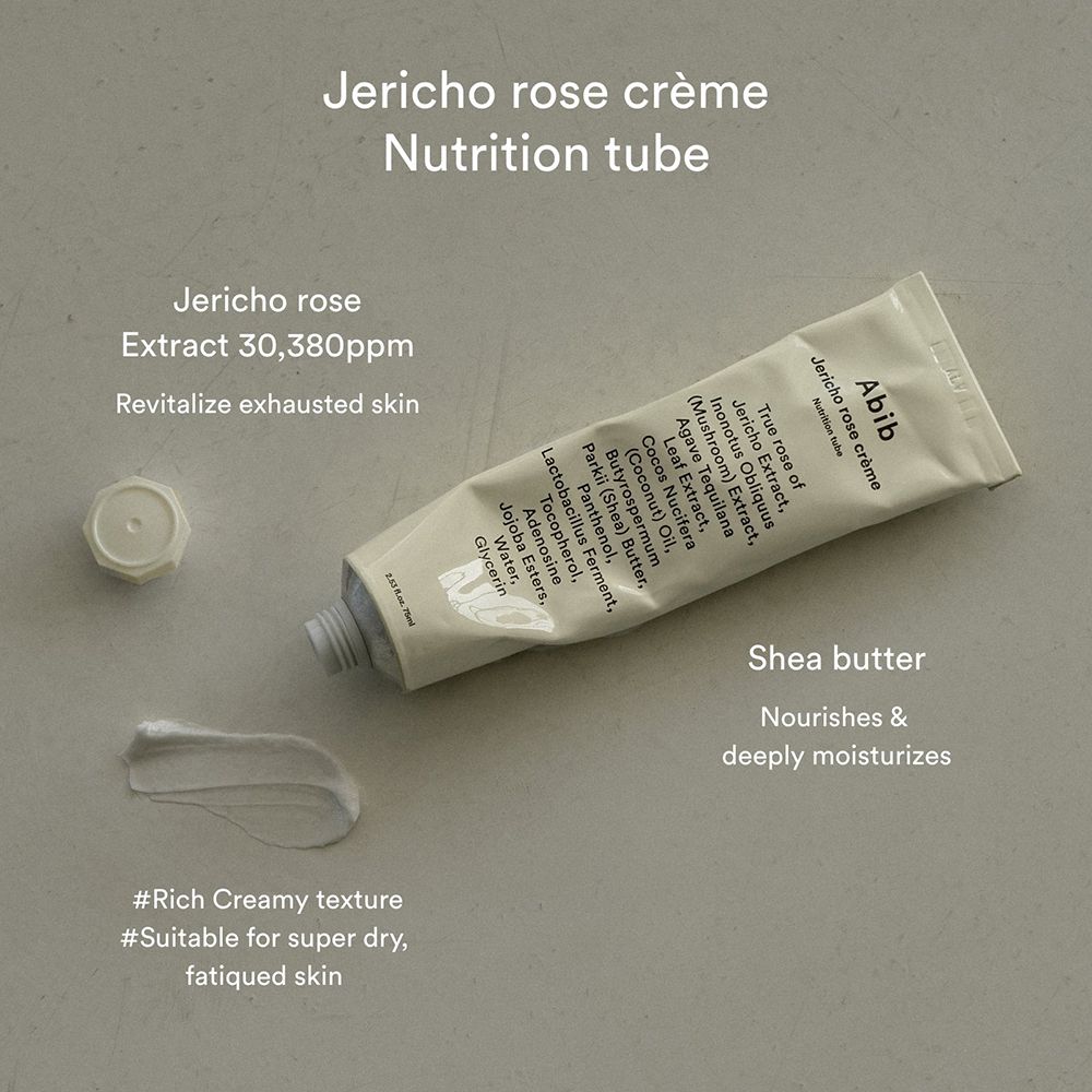 Abib Jericho Rose Crème-Tube, geöffnet. Creme wird herausgedrückt. Text: Jericho Rose Extract, Shea Butter. 75 ml.