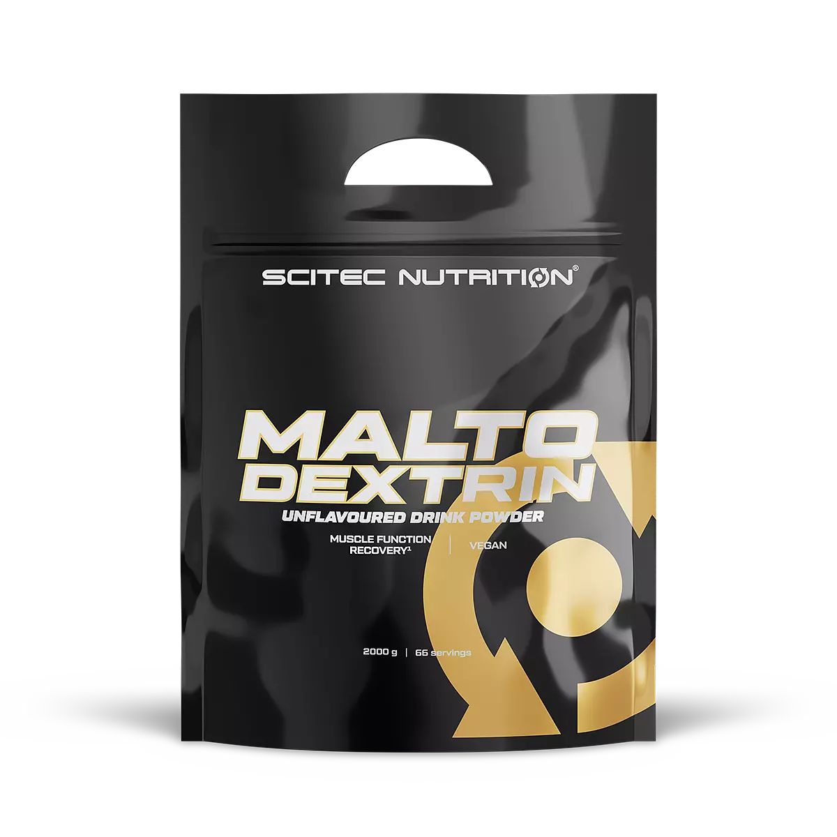 Schwarze Tüte mit "SCITEC NUTRITION" und "MALTO DEXTRIN" Schriftzug. Enthält Maltodextrin-Pulver. Vegan.