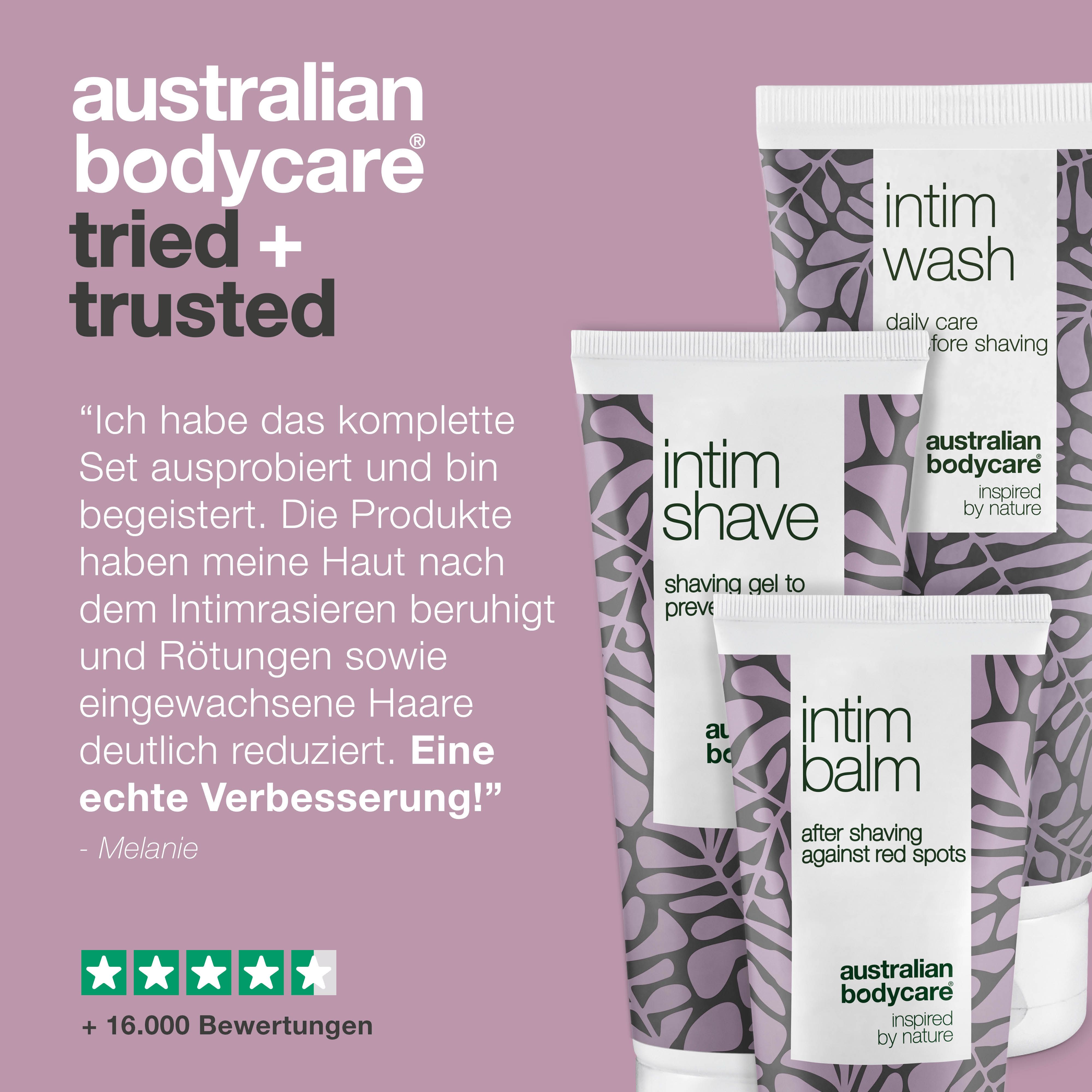 Drei Tuben Australian Bodycare Intimrasur-Set mit Text und Illustrationen. Auf hellem Hintergrund.