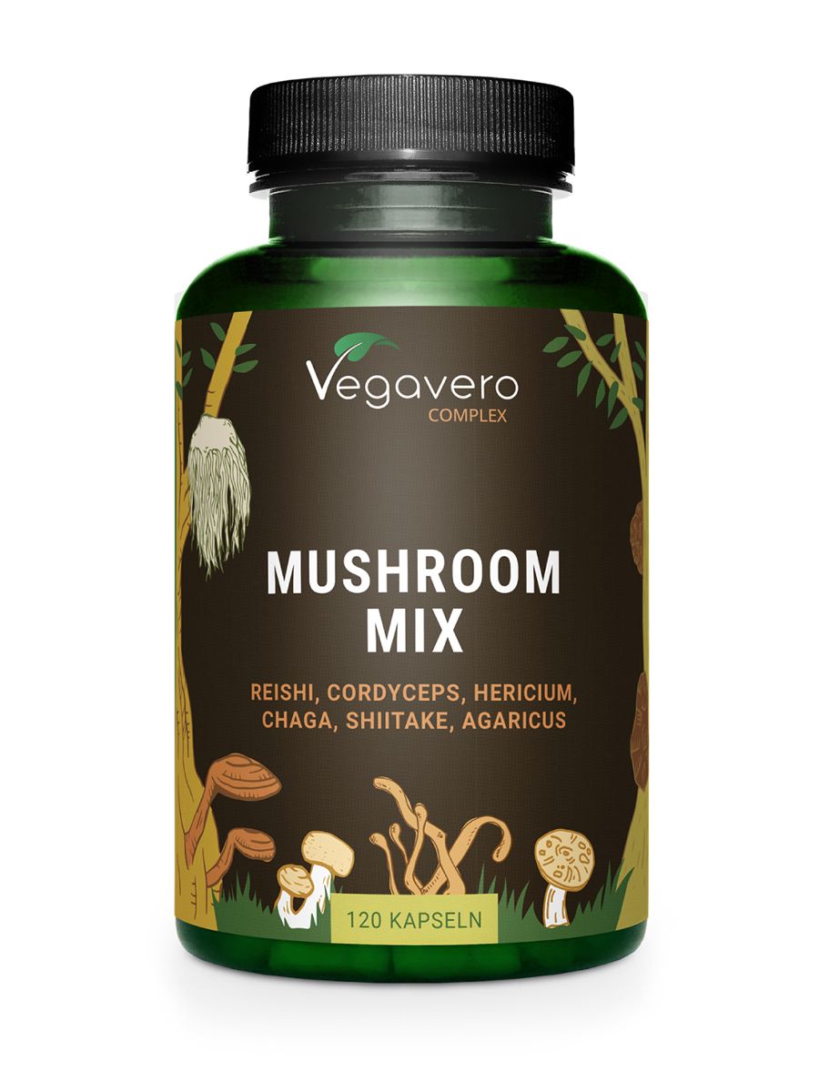 Grüne Flasche mit schwarzen Deckel. Aufschrift: Vegavaro COMPLEX, MUSHROOM MIX, 120 Kapseln. Enthält Reishi, Cordyceps, Hericium, Chaga, Shiitake, Agaricus.