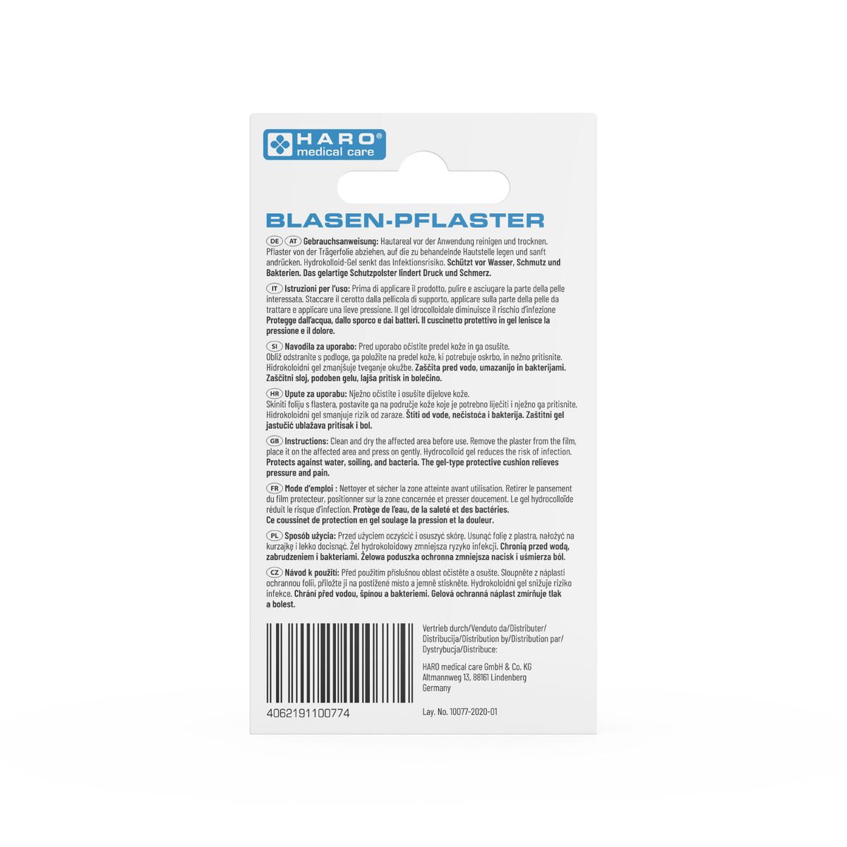 Rückseite der Blasenpflaster-Verpackung. Text: HARO, Blasenpflaster. Gebrauchsanweisung in mehreren Sprachen. Barcode und CE-Kennzeichnung.