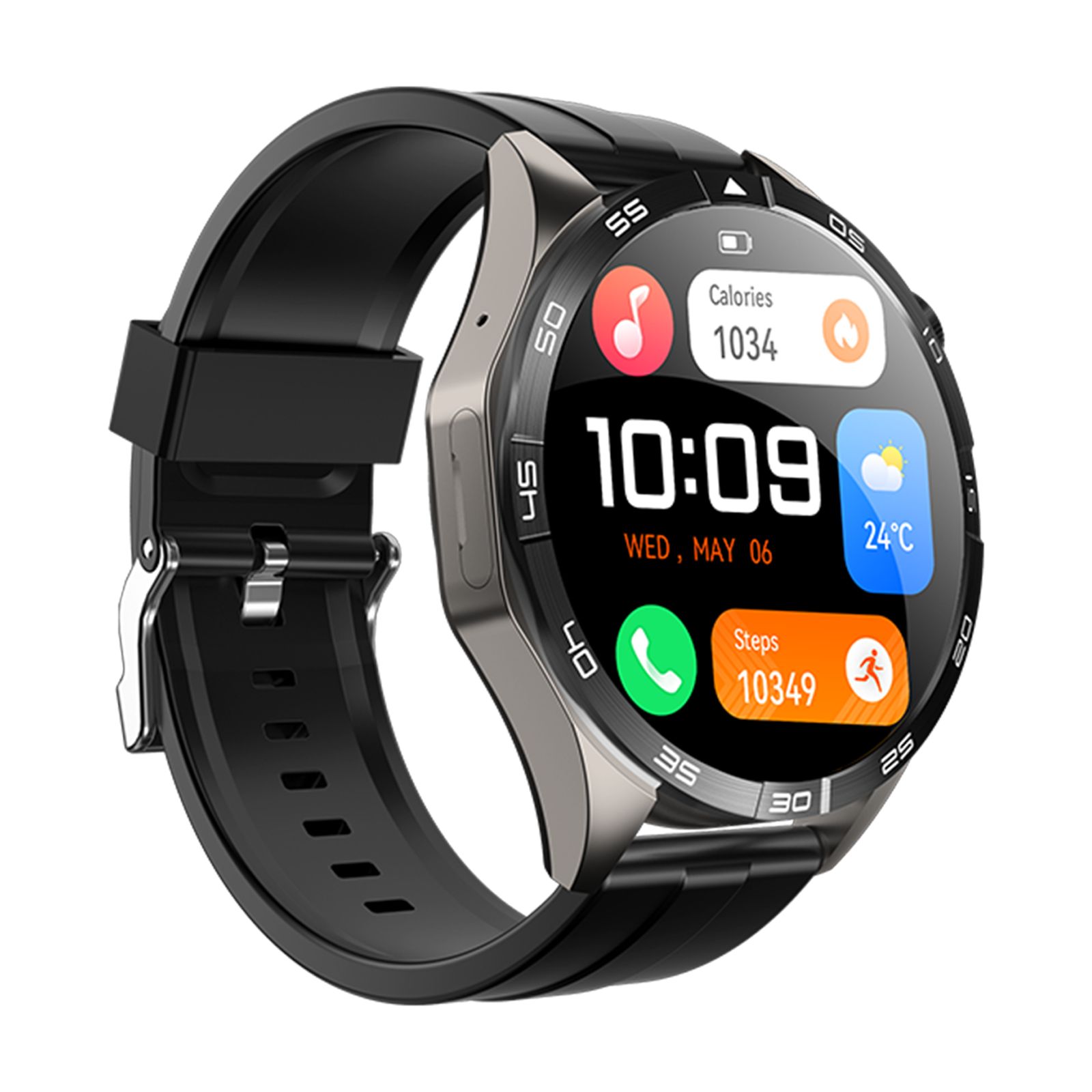 Smartwatch mit schwarzem Armband und silberfarbenem Gehäuse. Digitalanzeige mit Uhrzeit, Kalorien, Schritten und Temperatur.