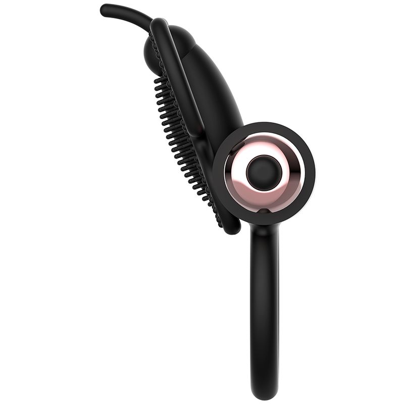Schwarzer Massagegerät mit flexiblen Borsten und roségoldenem Ringdetail.