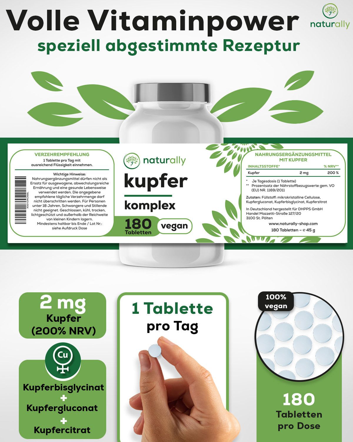 naturally Kupfer Komplex | 2 mg elementares Kupfer, hochdosiert