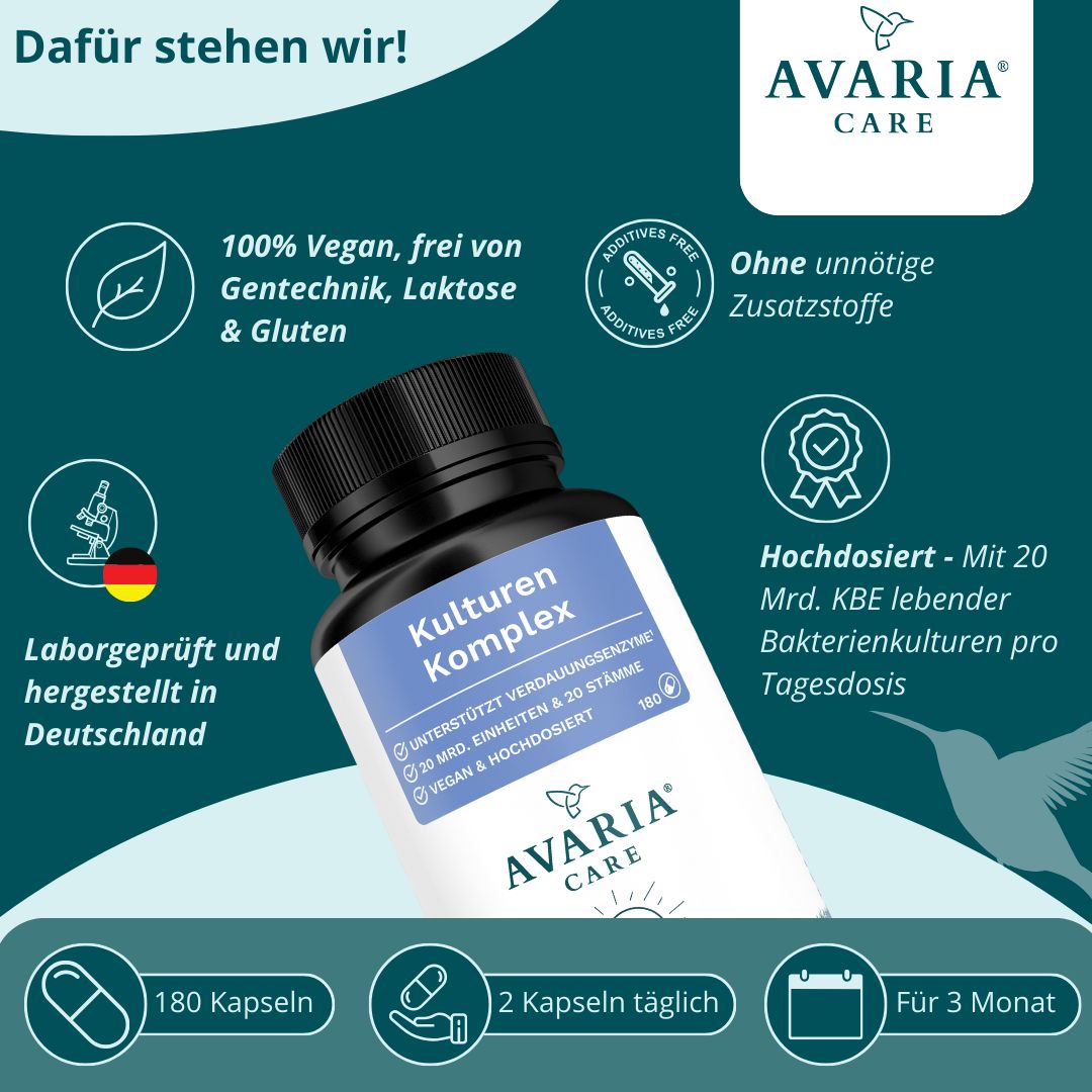 AVARIA CARE® Kulturen Komplex – 20 Bakterienstämme – hochdosiert – mit Calcium & Inulin – vegan