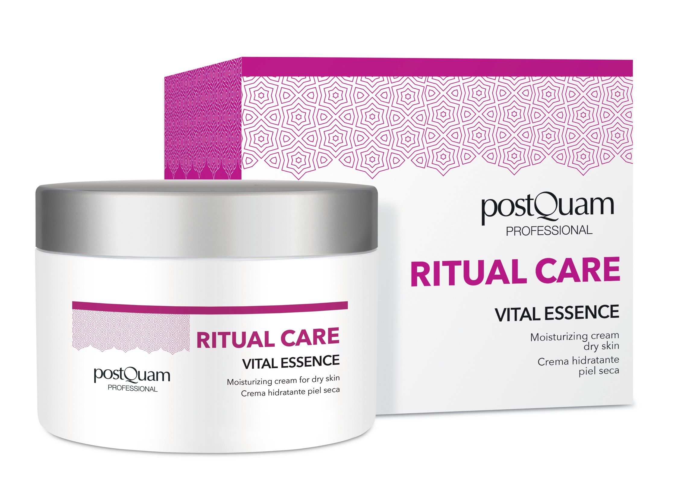 Creme-Tiegel und Verpackung. Aufschrift: Ritual Care Vital Essence. Für trockene Haut. Marke: postQuam.
