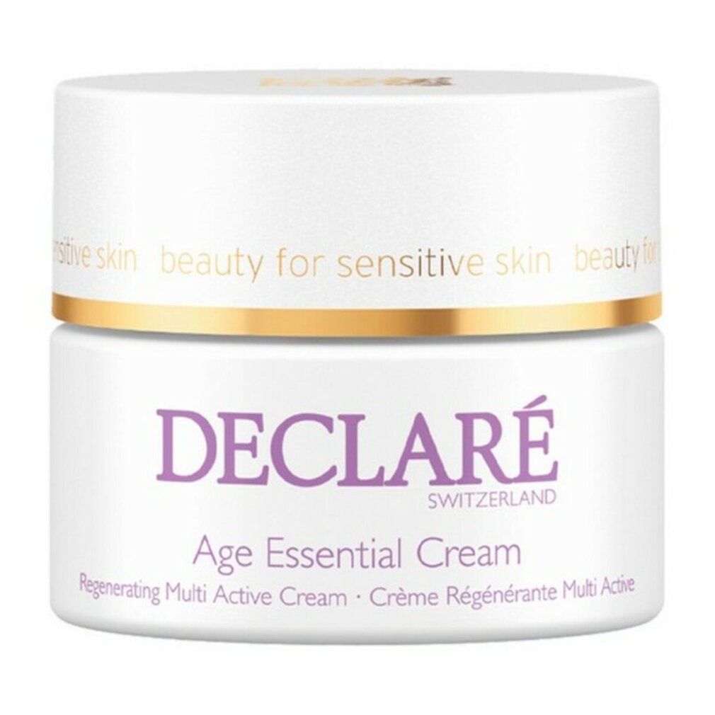 Creme-Dose mit Deckel. Aufschrift: DECLARÉ SWITZERLAND, Age Essential Cream. Regenerating Multi Active Cream.