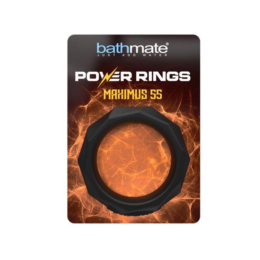 Verpackung mit schwarzem Ring, 'Bathmate Power Rings Maximus 55' Aufschrift.