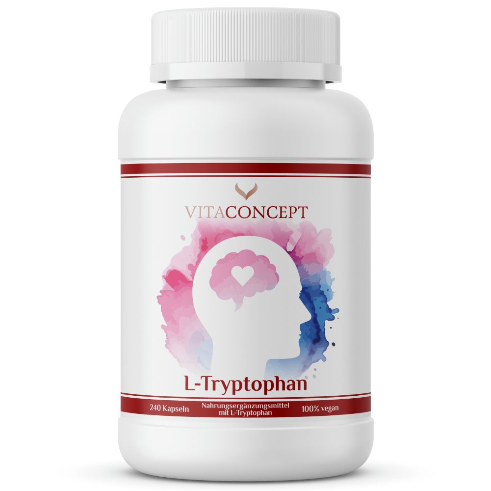 Weiße Flasche mit rotem Streifen und Aufschrift VITACONCEPT L-Tryptophan. Abbildung eines Kopfes mit Herz. 240 Kapseln, 100% vegan.