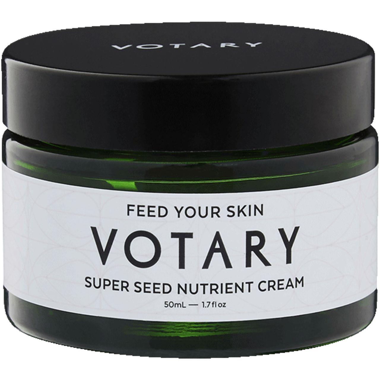 Creme-Glas mit schwarzem Deckel. Auf dem Etikett steht "Votary Super Seed Nutrient Cream".