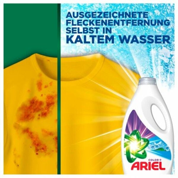 Gelbes T-Shirt mit Flecken, daneben Flasche Ariel Flüssigwaschmittel Color+. Text: Ausgezeichnete Fleckenentfernung selbst in kaltem Wasser.