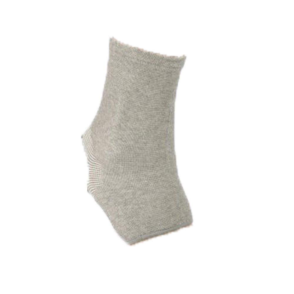 Graue Sprunggelenkbandage aus Bambusviskose. Offene Ferse, gestricktes Material. Seitlich hellere Streifen.