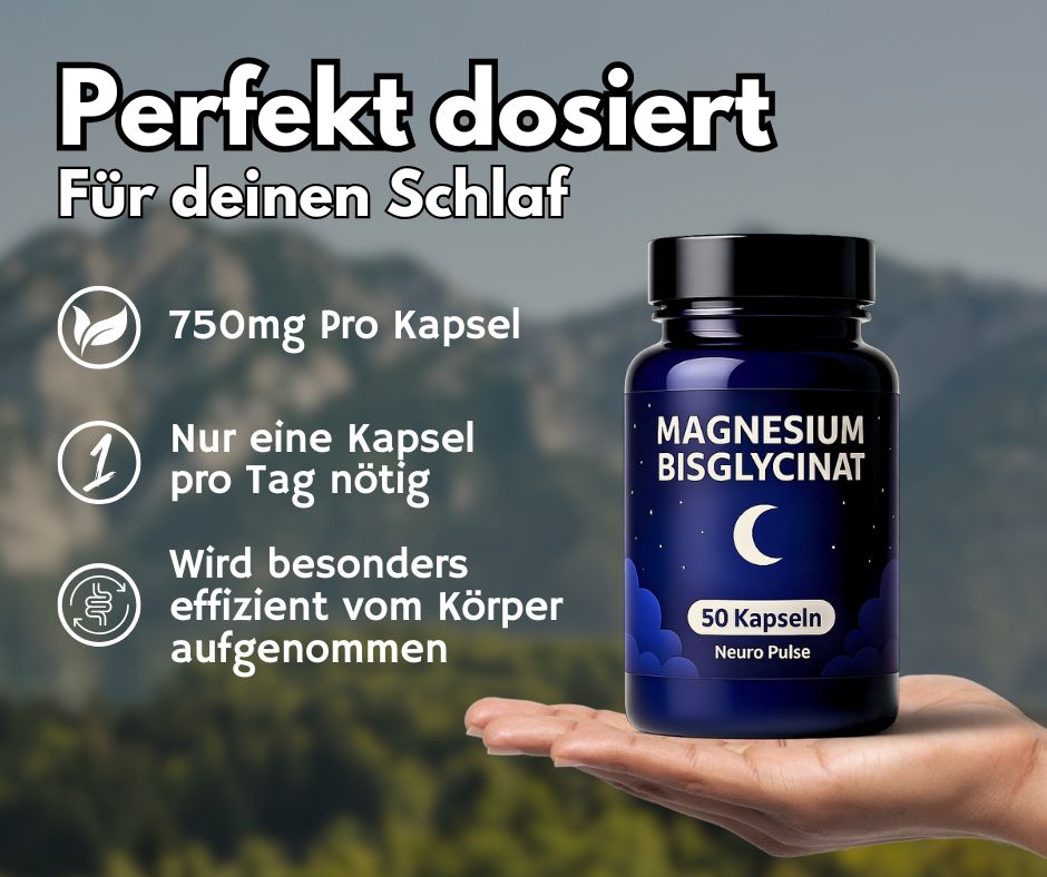 Blaue Flasche mit schwarzem Deckel, gehalten von einer Hand. Aufschrift: Magnesium Bisglycinat, Mond, 50 Kapseln, Neuro Pulse.