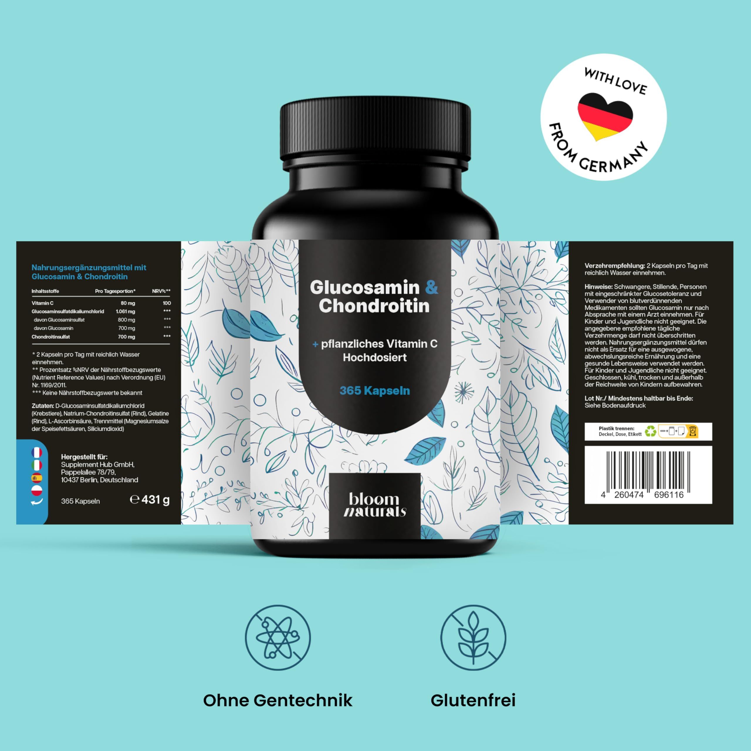 Dose Glucosamin & Chondroitin von Bloom Naturals mit Etiketten. "Made in Germany" Siegel. Ohne Gentechnik, Glutenfrei.