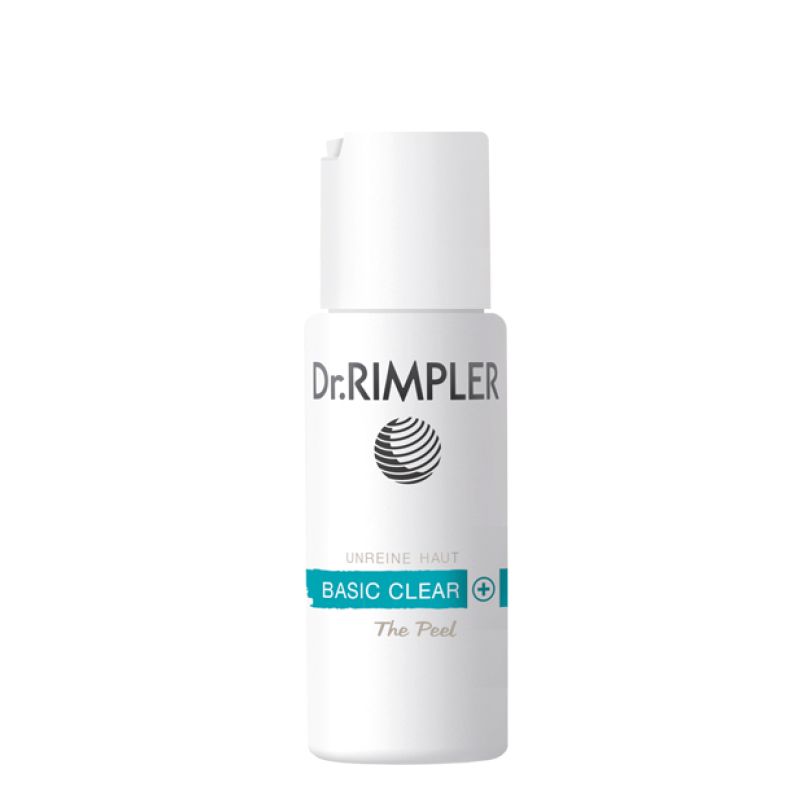 Dr. Rimpler BASIC CLEAR+ The Peel Flasche. Weiß, blaue Schrift und Logo. Für unreine Haut.