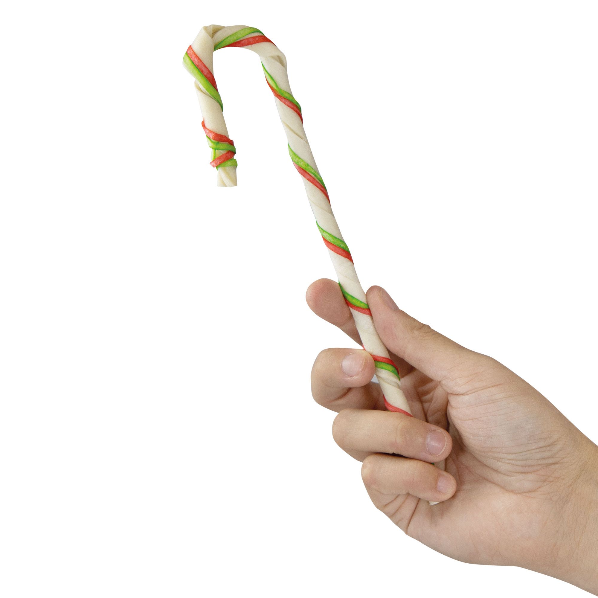 Eine Hand hält eine gedrehte Kaustange mit rot-grünen Streifen auf weißem Hintergrund.