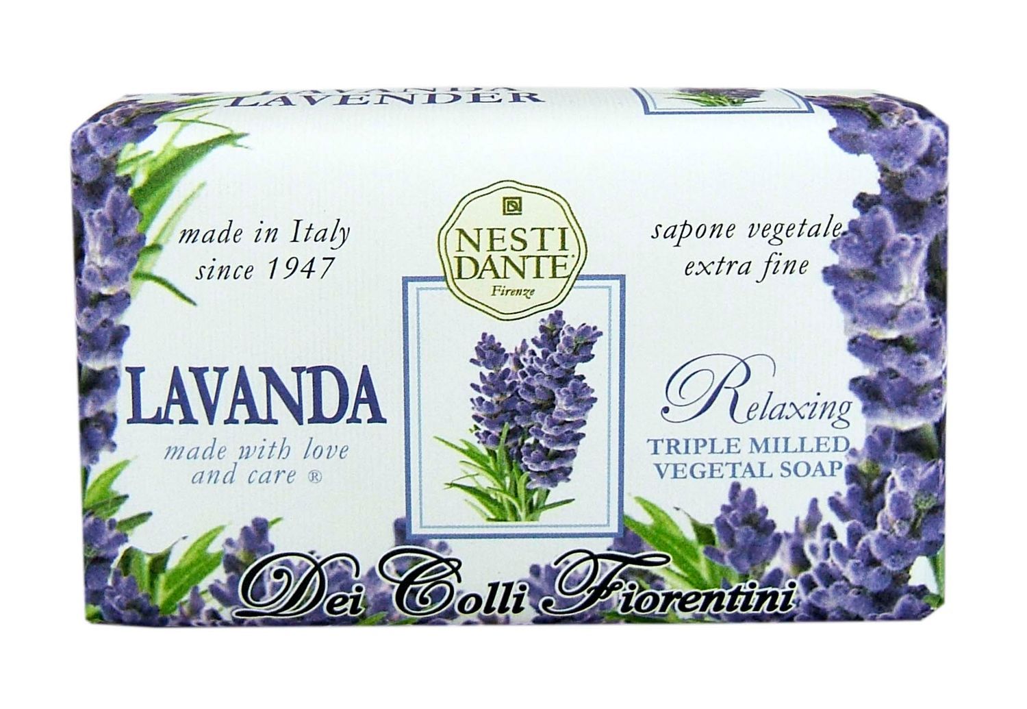 Seife mit Lavendel-Dekor. Aufschrift: LAVANDA, Relaxing, Nesti Dante. Hergestellt in Italien seit 1947. Pflanzliche Seife.