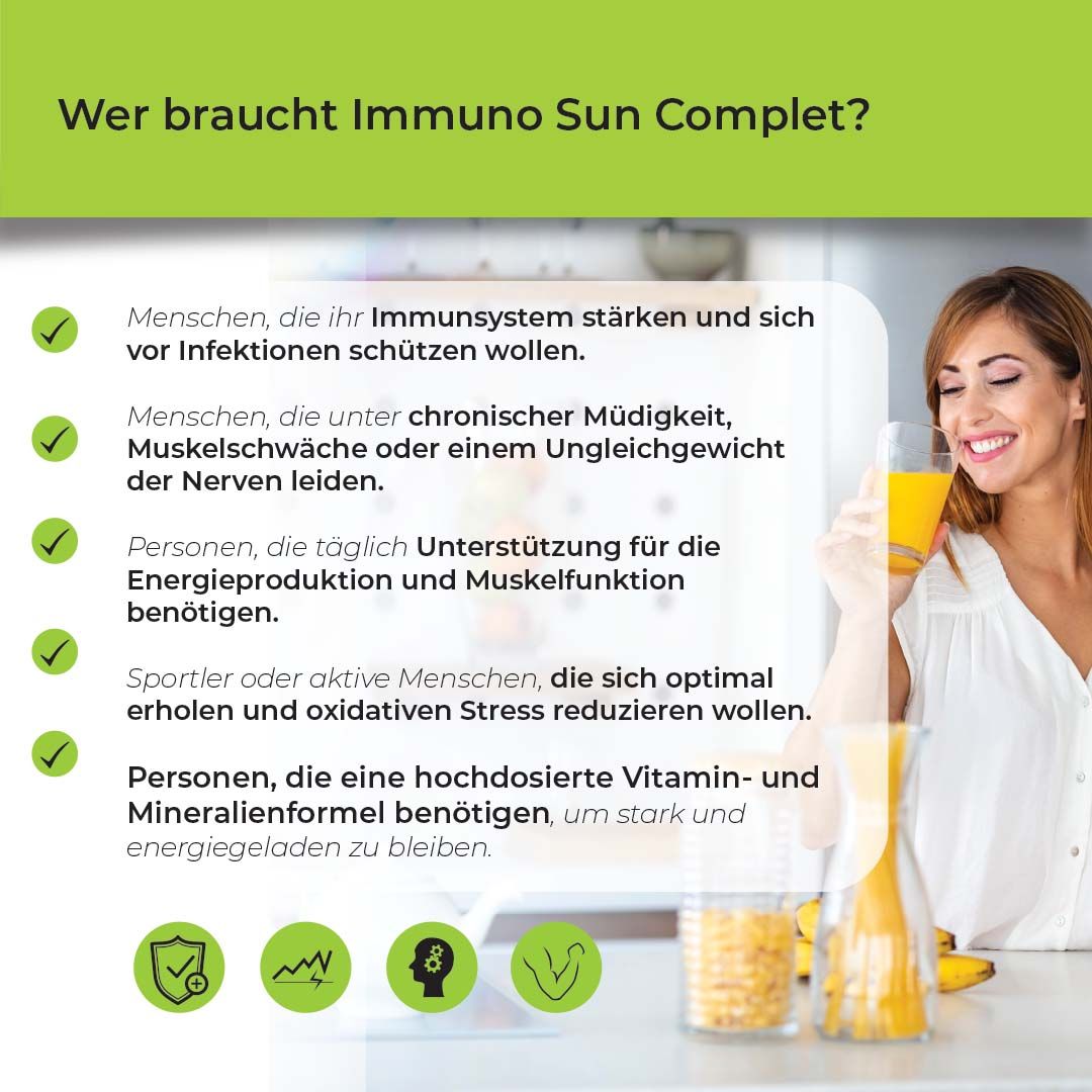 Frau mit Glas Saft. Text: Wer braucht Immuno Sun Komplett? Auflistung von Zielgruppen und deren Bedürfnissen.